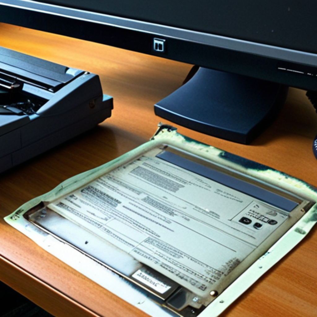 **
A visually decaying digital document, perhaps with corrupted code visible around the edges, sitting on a modern computer desk. The desk also has an outdated floppy disk and a CD-ROM, contrasting old and new technology. The overall tone is slightly ominous, hinting at the unseen dangers of digital obsolescence.
**
