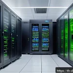 Home 23 디지털 일몰 프로토콜의 에코시스템 구축 전략 - A modern digital data center interior focused on sustainability, featuring sleek energy-efficient se...