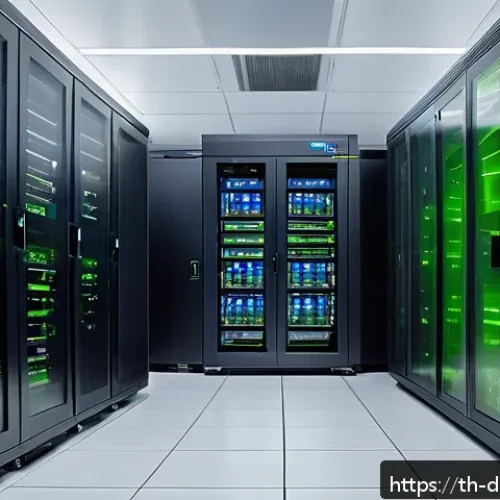 Home 17 디지털 일몰 프로토콜의 에코시스템 구축 전략 - A modern digital data center interior focused on sustainability, featuring sleek energy-efficient se...