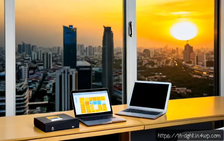 Home 29 디지털 일몰 프로토콜에 대한 실무 가이드 - Photorealistic Bangkok office at golden sunset, Thai IT professional carefully organizing a laptop, ...