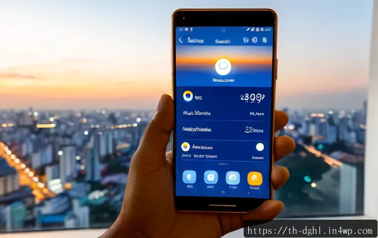 Home 29 디지털 일몰 프로토콜의 사용자 인터페이스 디자인 - Photorealistic close-up of a smartphone displaying a calm digital sunset protocol interface with lar...